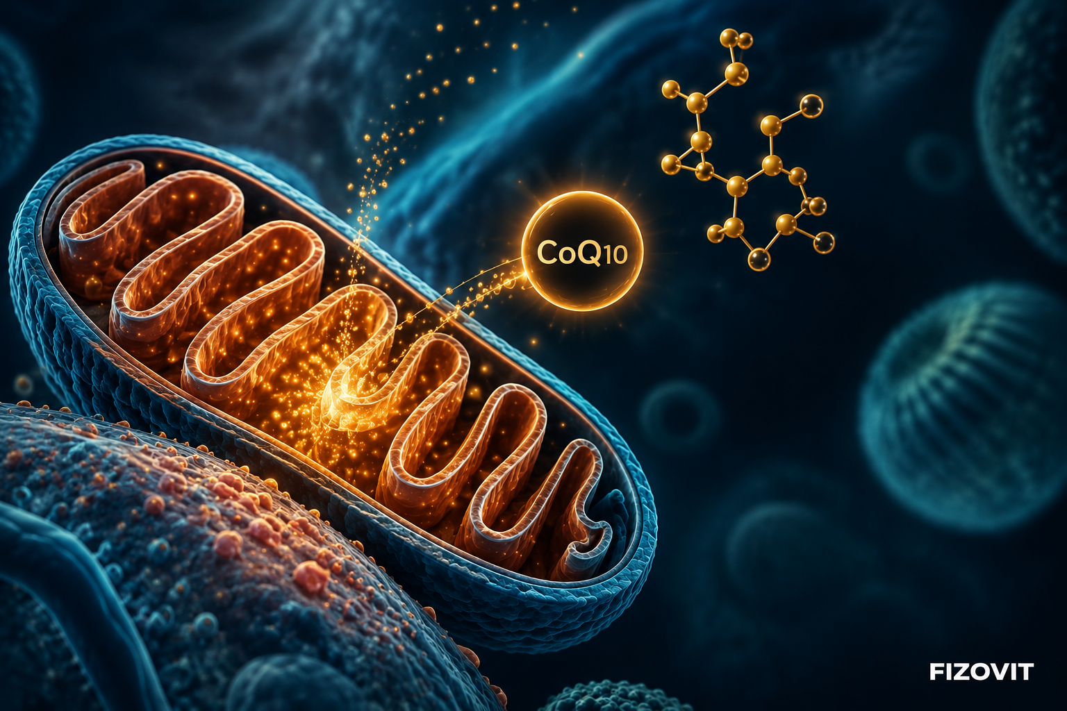 Fizovit Tablet with Coenzyme Q10 softgel capsule and premium supplement packaging