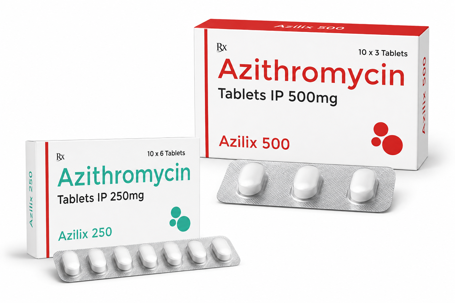 Azilix 250 and Azilix 500 azithromycin tablet packaging with blister packs
