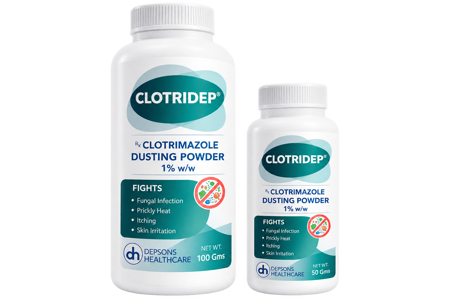 ClotriDep Dusting Powder bottles in 50 gram and 100 gram sizes