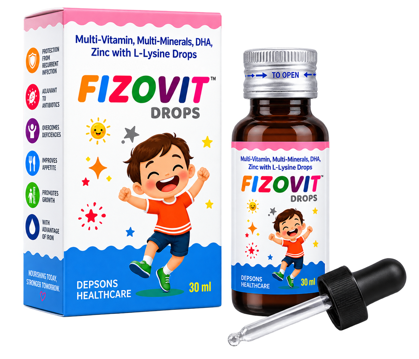 Fizovit Drops product packaging, bottle and dropper