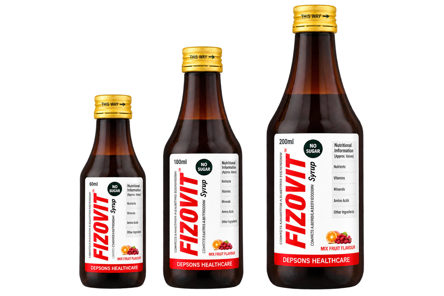 Fizovit Syrup bottles in 60 millilitre, 100 millilitre and 200 millilitre sizes