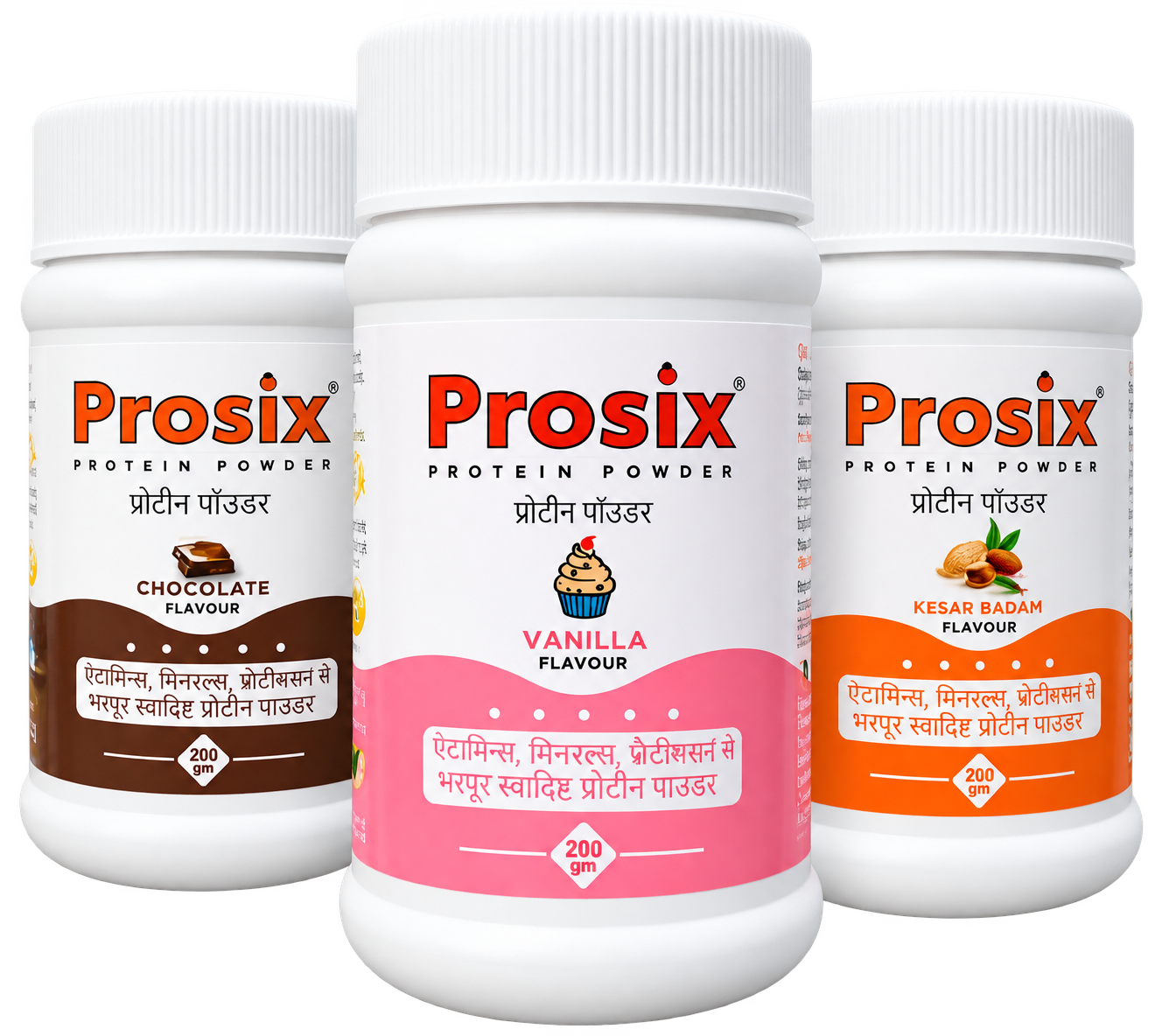 Prosix Protein Powder containers in chocolate, vanilla and kesar badam flavours