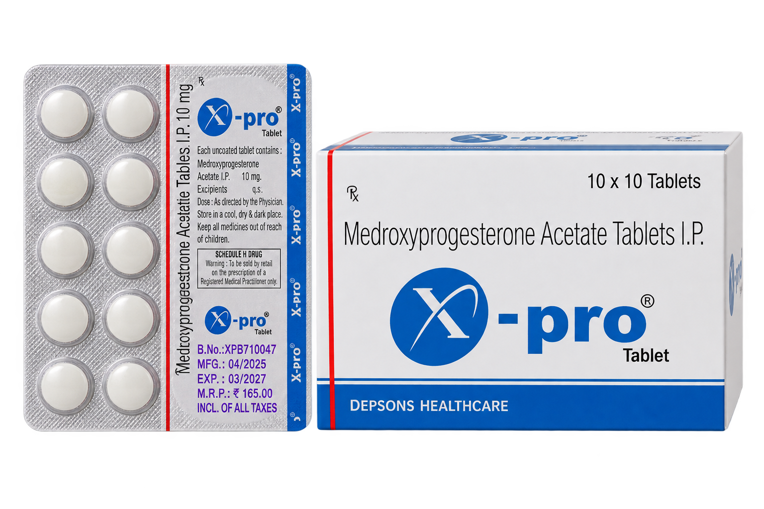 X-Pro Medroxyprogesterone Acetate Tablet product packaging and blister pack